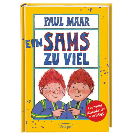 Buchcover von Ein Sams zu viel von Paul Maar mit zwei rothaarigen Cartoonfiguren in blauer Kleidung.