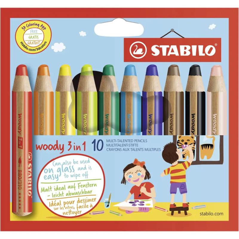 10er-Pack STABILO Woody 3-in-1 Buntstifte, mehrfarbig, mit kindlicher Zeichnung abgebildet.