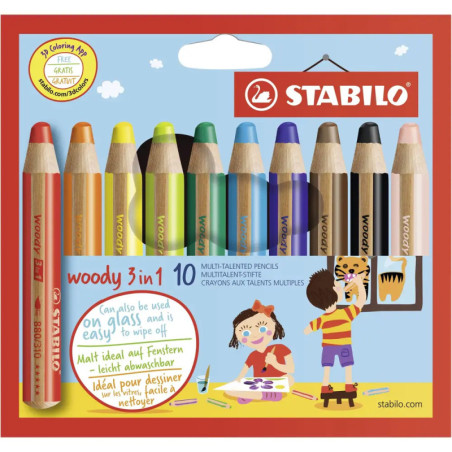 10er-Pack STABILO Woody 3-in-1 Buntstifte, mehrfarbig, mit kindlicher Zeichnung abgebildet.