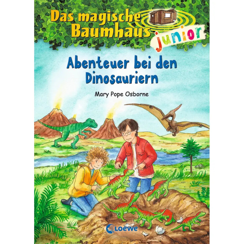 Zwei Kinder mit Dinosauriern in prähistorischer Landschaft, Vulkane und fliegende Saurier im Hintergrund. Zwei Kinder mit Dinosauriern in prähistorischer Landschaft, Vulkane und fliegende Saurier im Hintergrund.