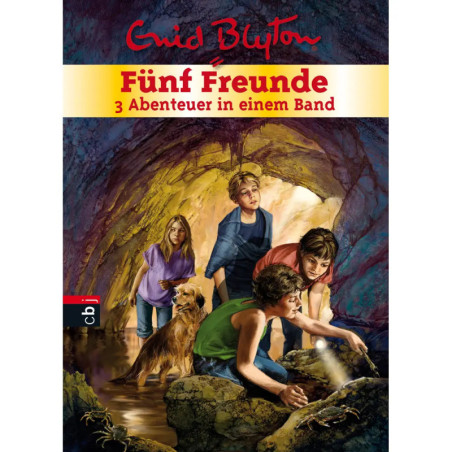 Vier Kinder und ein Hund erforschen eine Höhle, darüber steht der Buchtitel Fünf Freunde auf Deutsch.