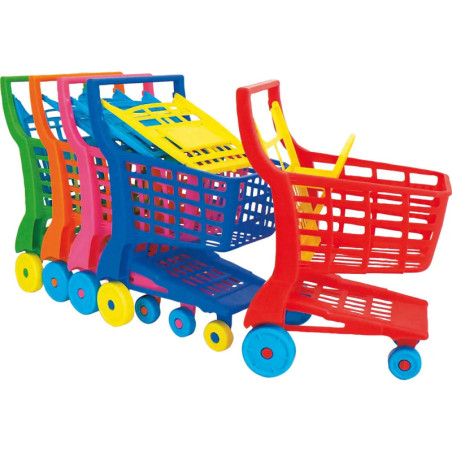 Vier bunte Spielzeug-Einkaufswagen mit blauen Rädern sind ineinander verschachtelt: rot, blau, grün und gelb. Vier bunte Spielzeug-Einkaufswagen mit blauen Rädern sind ineinander verschachtelt: rot, blau, grün und gelb.