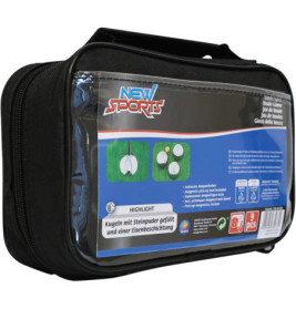 Schwarze Sporttasche mit transparenter Front, zeigt Boccia-Set und Produktinfos.