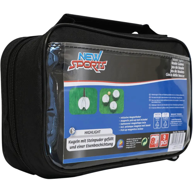 Schwarze Sporttasche mit transparenter Front, zeigt Boccia-Set und Produktinfos. Schwarze Sporttasche mit transparenter Front, zeigt Boccia-Set und Produktinfos.