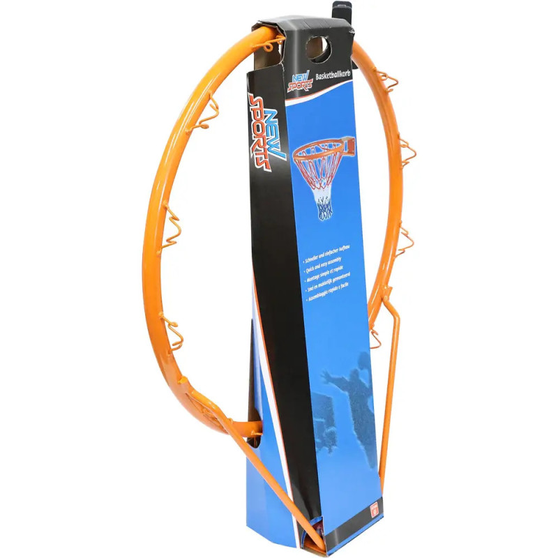 Orangener Basketballkorb mit Netz, stehend verpackt in einer blau-schwarzen Einzelhandelsbox.