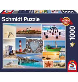 Collage mit Strandszenen, Leuchttürmen, Booten und Muscheln auf einer 1000-Teile-Schmidt-Puzzlebox.