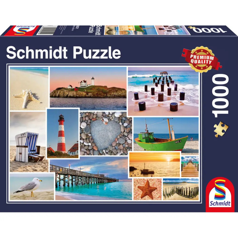 Collage mit Strandszenen, Leuchttürmen, Booten und Muscheln auf einer 1000-Teile-Schmidt-Puzzlebox. Collage mit Strandszenen, Leuchttürmen, Booten und Muscheln auf einer 1000-Teile-Schmidt-Puzzlebox.