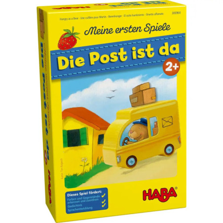 Gelbe Box des Kinderspiels Die Post ist da mit Bär im Postauto und Haus im Hintergrund. Gelbe Box des Kinderspiels Die Post ist da mit Bär im Postauto und Haus im Hintergrund.