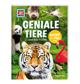 Buchcover mit Tiger, Flamingo, Panda und Faultier vor grünem Hintergrund, Titel: GENIALE TIERE.