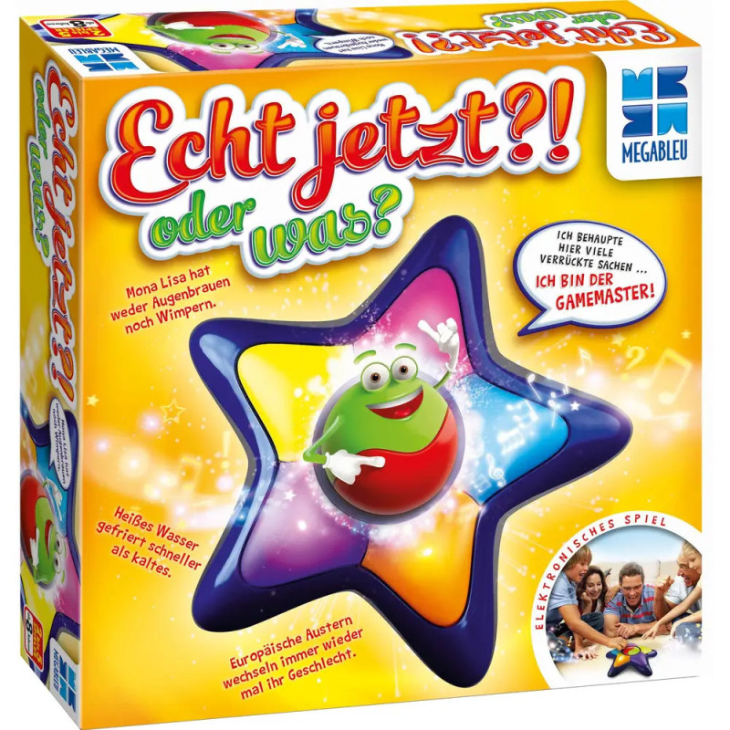 Deutsche, bunte Brettspielschachtel mit lächelndem Stern und auffälliger, verspielter Schrift auf der Verpackung. Deutsche, bunte Brettspielschachtel mit lächelndem Stern und auffälliger, verspielter Schrift auf der Verpackung.