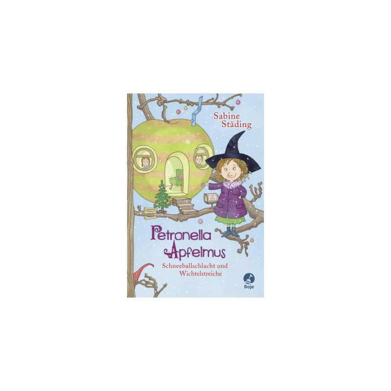 Buchcover von Petronella Apfelmus: Ein Mädchen im lila Mantel und Hut steht an einem runden Baumhaus. Buchcover von Petronella Apfelmus: Ein Mädchen im lila Mantel und Hut steht an einem runden Baumhaus.