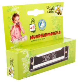 Grüne Box mit Kind, das Mundharmonika spielt Mundharmonika und Boogie Bee-Logo sind auf der Verpackung zu sehen.