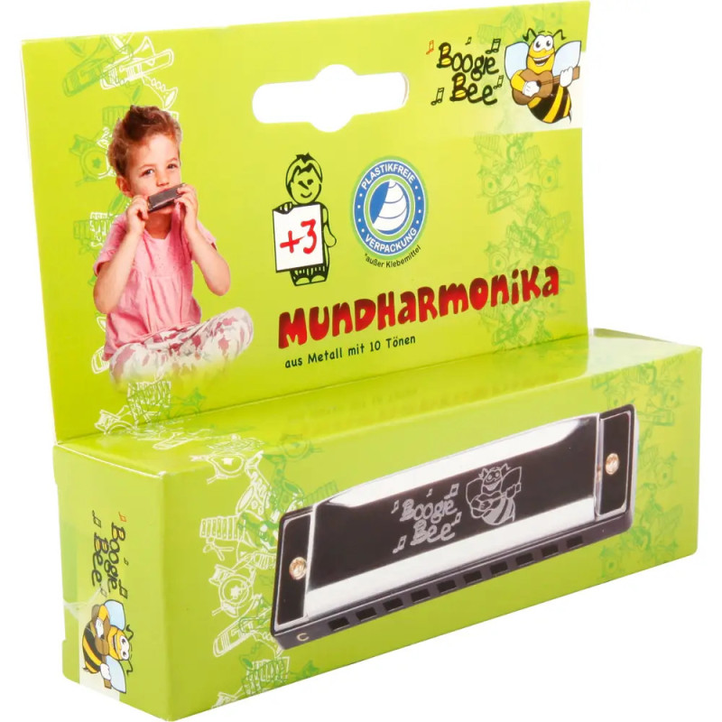 Grüne Box mit Kind, das Mundharmonika spielt Mundharmonika und Boogie Bee-Logo sind auf der Verpackung zu sehen.