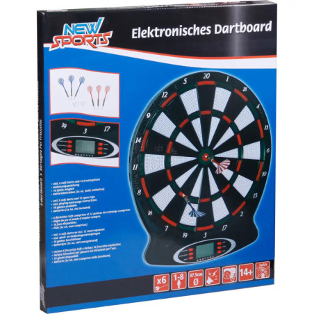 Verpackung eines elektronischen Dartboards mit Darts, Produktinfos und Markenlogo auf der Box.