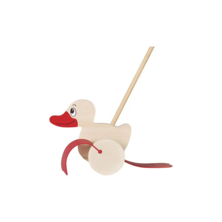 Holzente zum Schieben mit rotem Schnabel, roten Füßen und Rädern an einem Stockgriff. Holzente zum Schieben mit rotem Schnabel, roten Füßen und Rädern an einem Stockgriff.