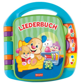 Buntes deutsches Kinderliederbuch-Spielzeug mit Comic-Tieren, Alphabet und Zahlen auf dem Cover.