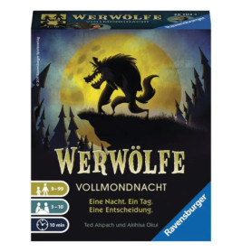 Brettspielschachtel mit Werwolf-Silhouette vor Vollmond, Titel: Werwölfe Vollmondnacht.