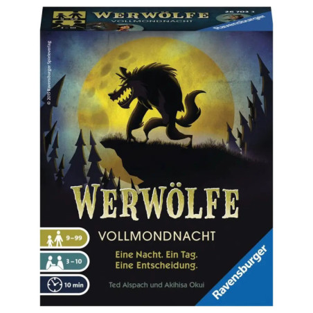 Brettspielschachtel mit Werwolf-Silhouette vor Vollmond, Titel: Werwölfe Vollmondnacht.