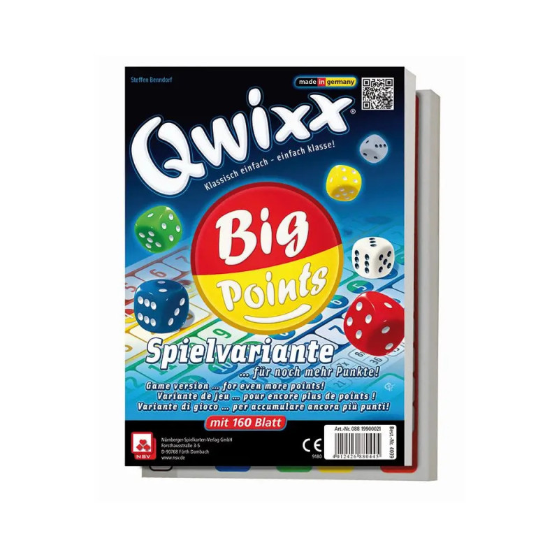 Qwixx Big Points Spielschachtel mit bunten Würfeln und Wertungsblättern auf dem Cover.