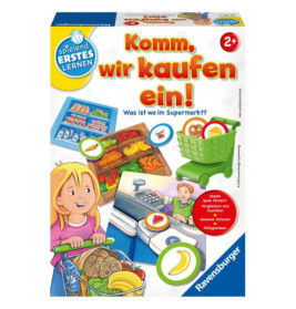 Deutsches Supermarkt-Brettspiel ab 2 Jahren mit Einkaufswagen, Lebensmitteln und lächelndem Kind auf der Verpackung.