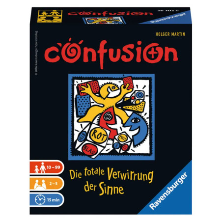 Spielschachtel von Confusion mit bunter abstrakter Kunst und deutschem Text auf schwarzem Hintergrund. Spielschachtel von Confusion mit bunter abstrakter Kunst und deutschem Text auf schwarzem Hintergrund.