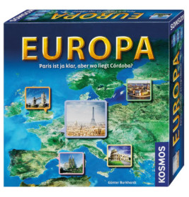Spieleschachtel mit dem Titel EUROPA, abgebildeten Sehenswürdigkeiten und einer Europakarte im Hintergrund.