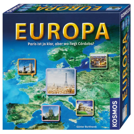 Spieleschachtel mit dem Titel EUROPA, abgebildeten Sehenswürdigkeiten und einer Europakarte im Hintergrund. Spieleschachtel mit dem Titel EUROPA, abgebildeten Sehenswürdigkeiten und einer Europakarte im Hintergrund.