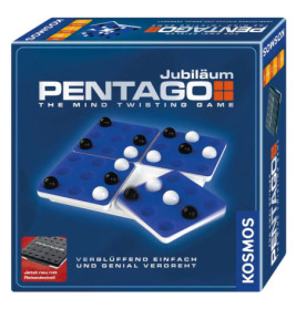 Pentago Jubiläum Brettspielbox mit blauem Spielfeld und schwarzen sowie weißen Kugeln auf dem Cover.