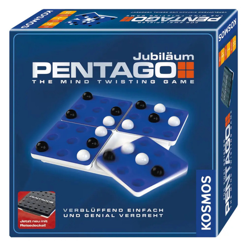 Pentago Jubiläum Brettspielbox mit blauem Spielfeld und schwarzen sowie weißen Kugeln auf dem Cover.