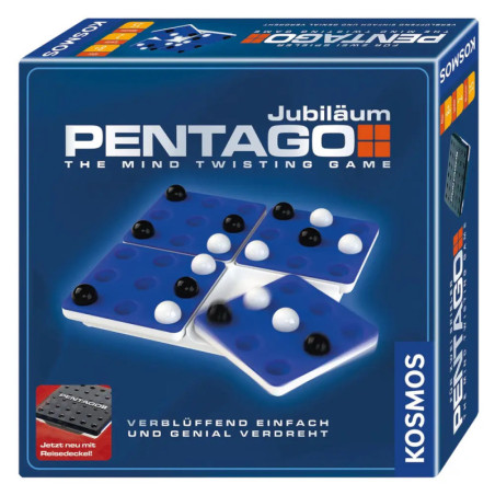 Pentago Jubiläum Brettspielbox mit blauem Spielfeld und schwarzen sowie weißen Kugeln auf dem Cover.