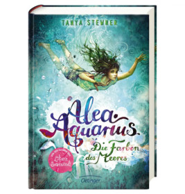 Buchcover von Alea Aquarius: Die Farben des Meeres mit einem Mädchen, das mit wehenden Haaren unter Wasser schwimmt.