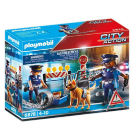Playmobil City Action Polizeiset mit Figuren, Hund, Zubehör und Absperrungen in der Verpackung.
