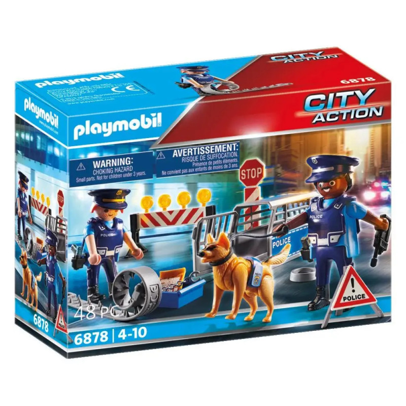 Playmobil City Action Polizeiset mit Figuren, Hund, Zubehör und Absperrungen in der Verpackung.