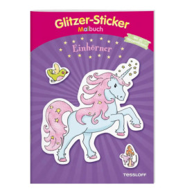 Deutsches Stickerbuch-Cover mit Einhorn, Vogel und Pilz auf lila Hintergrund.