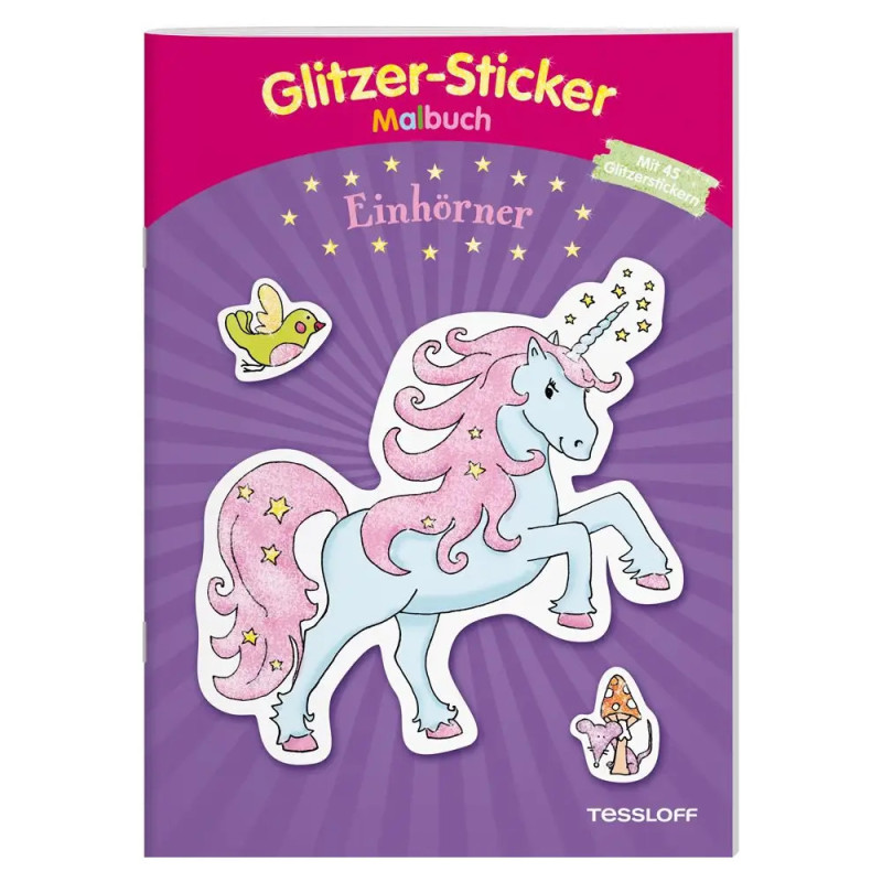 Deutsches Stickerbuch-Cover mit Einhorn, Vogel und Pilz auf lila Hintergrund.