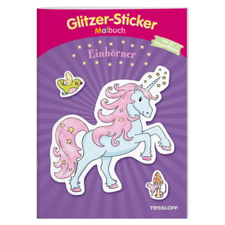 Deutsches Stickerbuch-Cover mit Einhorn, Vogel und Pilz auf lila Hintergrund.