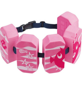 Rosa Kinderschwimmgürtel mit vier Schaumstoffblöcken, Fisch- und Seesternmotiven sowie verstellbarem schwarzen Gurt.
