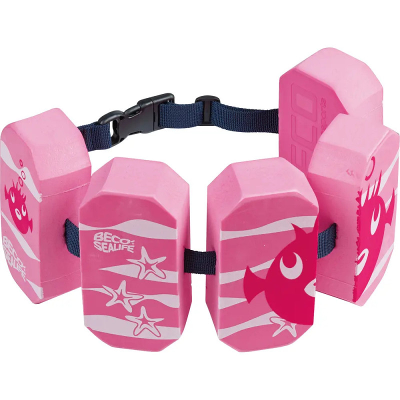 Rosa Kinderschwimmgürtel mit vier Schaumstoffblöcken, Fisch- und Seesternmotiven sowie verstellbarem schwarzen Gurt. Rosa Kinderschwimmgürtel mit vier Schaumstoffblöcken, Fisch- und Seesternmotiven sowie verstellbarem schwarzen Gurt.