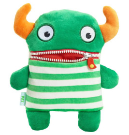 Grünes Plüschmonster mit orangefarbenen Hörnern, gestreiftem Shirt, großen Augen und rotem Reißverschlussmund.
