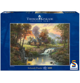 1000-teiliges Schmidt-Puzzle mit Waldhütte am Bach, Motiv von Thomas Kinkade.
