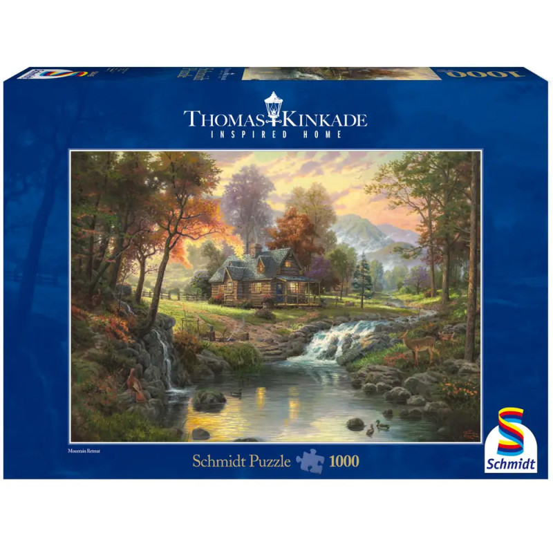1000-teiliges Schmidt-Puzzle mit Waldhütte am Bach, Motiv von Thomas Kinkade. 1000-teiliges Schmidt-Puzzle mit Waldhütte am Bach, Motiv von Thomas Kinkade.