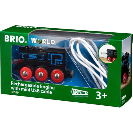 Wiederaufladbare Spielzeuglok mit roten Rädern und Mini-USB-Kabel in grüner Brio-World-Verpackung.