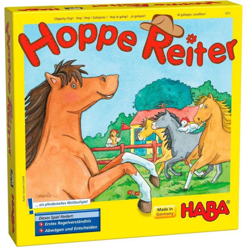 Vier Pferde springen über einen Zaun auf einer bunten Spieleschachtel mit der Aufschrift Hoppe Reiter von HABA. Vier Pferde springen über einen Zaun auf einer bunten Spieleschachtel mit der Aufschrift Hoppe Reiter von HABA.