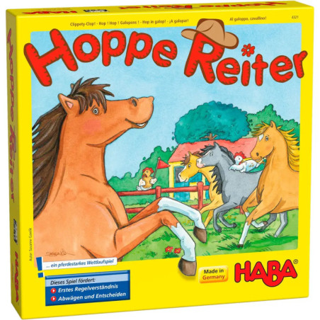 Vier Pferde springen über einen Zaun auf einer bunten Spieleschachtel mit der Aufschrift Hoppe Reiter von HABA.