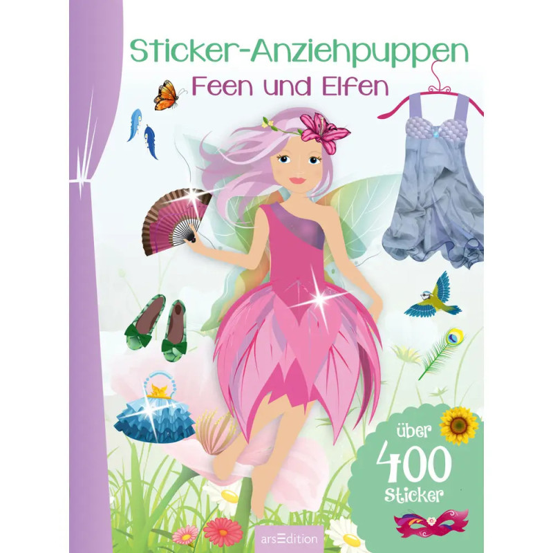 Illustriertes Buchcover mit Fee im pinken Blumenkleid, Schmetterlingen, Fächern, Schuhen und über 400 Aufklebern.
