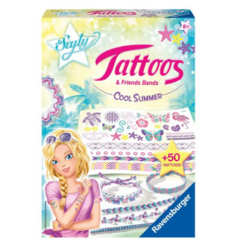 Ravensburger Tattoos & Friends Bands Cool Summer Bastelset mit Mädchen und bunten Tattoo-Motiven auf der Verpackung.