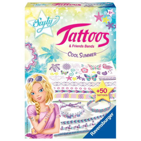 Ravensburger Tattoos & Friends Bands Cool Summer Bastelset mit Mädchen und bunten Tattoo-Motiven auf der Verpackung.