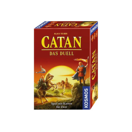 Catan: Das Duell Spielbox mit mittelalterlicher Illustration und Sonnenuntergang im Hintergrund. Catan: Das Duell Spielbox mit mittelalterlicher Illustration und Sonnenuntergang im Hintergrund.