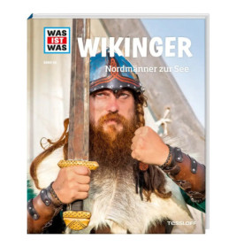Ein als Wikinger verkleideter Mann hält auf dem Cover eines deutschen Buchs mit dem Titel Wikinger ein Schwert.