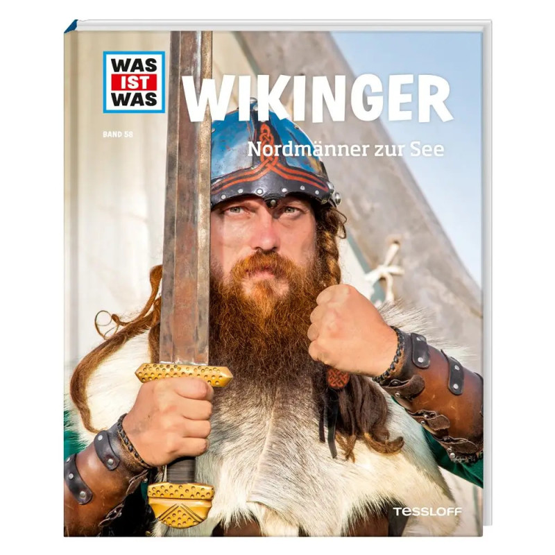 Ein als Wikinger verkleideter Mann hält auf dem Cover eines deutschen Buchs mit dem Titel Wikinger ein Schwert. Ein als Wikinger verkleideter Mann hält auf dem Cover eines deutschen Buchs mit dem Titel Wikinger ein Schwert.